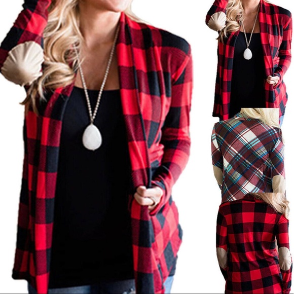 Buffalo Plaid Cardigan | Long Sleeve | Faux Leather Elbow Patch | Open Front - Picture 2 of 6